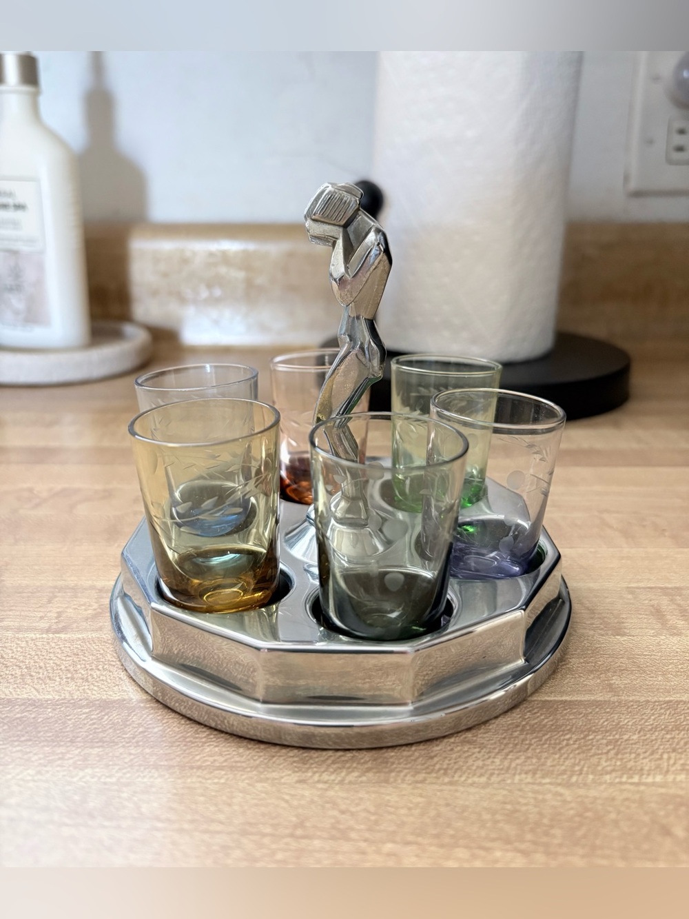 Farberware “Weeping Lady”  1930s Shot Glass Caddy With 6 Glasses